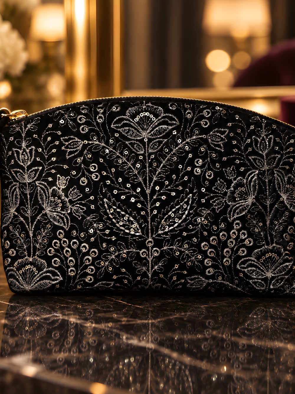 Patricia Nash Black Velvet Cosmetic Pouch w/Silver Floral Embroidery
